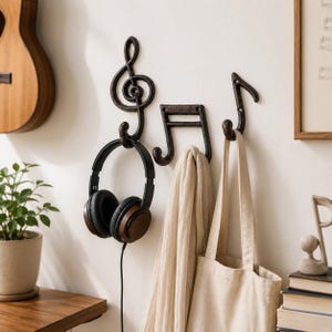 素朴な黒の鋳鉄製音符型ウォールフックセット｜キーラックハンガー｜音楽好きへの贈り物