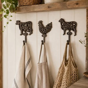 Crochet mural en fonte représentant des animaux de la ferme | Porte-clés vache, mouton, coq | Décoration rustique champêtre