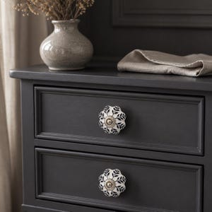 White Black Flower Ceramic Knob | Cabinet Drawer Knob | Dresser Pull