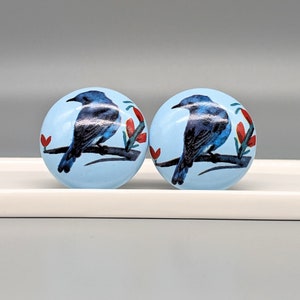 Könnte beinhalten: Zwei hellblaue runde Schrankknöpfe mit einem blauen Vogel, der auf einem Zweig mit roten Blüten sitzt. Die Vögel sind in entgegengesetzte Richtungen gerichtet.