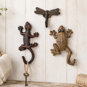 Cast Iron Animal Wall Hook | Rustic Brown Lizard, Frog, Dragonfly Key Rack Hanger
