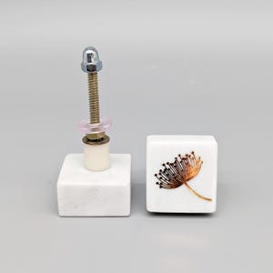 May include: Two white square ceramic cabinet knobs with a gold dandelion design. One knob has a silver screw and a pink washer.