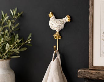 Gancho de pared con forma de gallina dorada y blanca / Perchero para llaves / Decoración con forma de gallo y gallina
