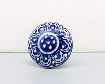 Bloemen blauw witte keramische kastknop | Ladetrekker voor dressoir | Handgreep keukenlade | Deurknop:
