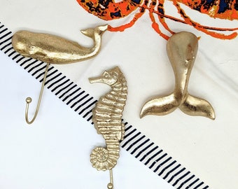 Golden Whale Seahorse Metal Wall Hook, Key Rack Hanger, Hook, Wall Decor, Metal Hook, Coat Hook, Sea Animal Hooks