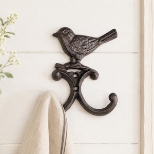 Bird Cast Iron Double Wall Hook | Entry Key Rack Hanger | Rustic Cottage Decor