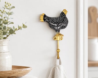Gancho de pared con forma de gallina dorada y negra / Colgador de llaves de metal / Decoración con forma de gallina y gallo