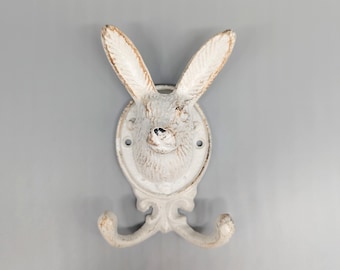 Crochet double Iron Rabbit blanc rustique | Porte-clés pour porte-clés | Patère | Crochet d'entrée | Crochet mural lapin