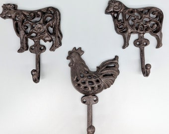 Cow Sheep Rooster Cast Iron Wall Hook | Key Rack Hanger | Hook | Farm Animal Wall Decor | Cow Wall Decor | Country Decor | Kids Room Decor