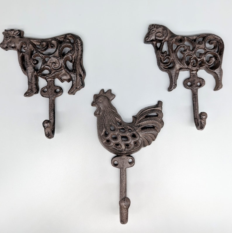 Cow Sheep Rooster Cast Iron Wall Hook Key Rack Hanger Hook Farm Animal ...