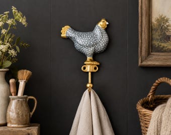 Gancho de pared con forma de gallina azul dorada / Colgador de llaves de metal y resina / Decoración rústica para el hogar