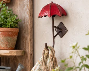 Cast Iron Red Umbrella Wall Hook | Rustic Key Hanger