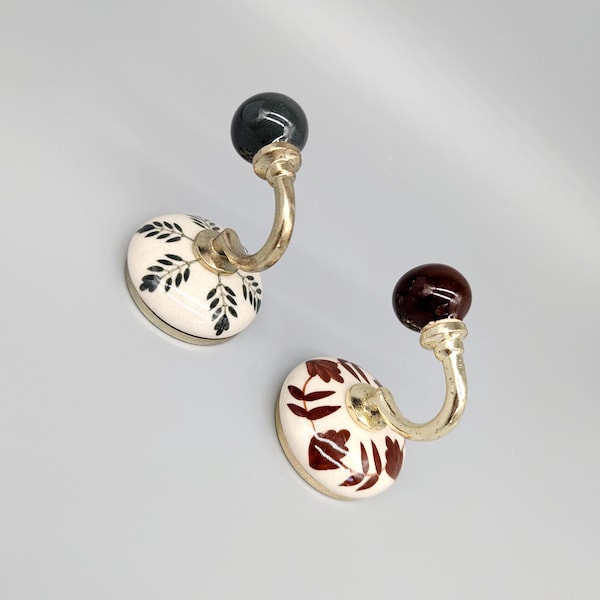 Floral Ceramic Wall Hook | Green Maroon Flower Decor | Key Hanger | Coat Hook | Entry Hook | Kitchen Wall Hook