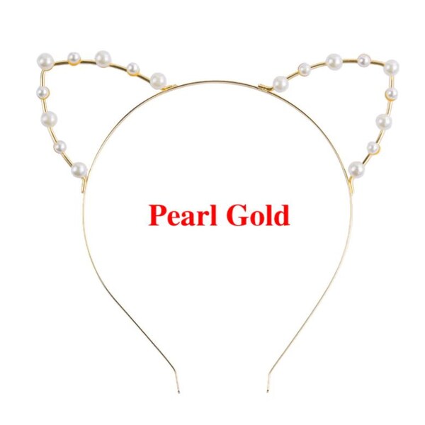 Strass in lega Cute Cat Ear Fascia per capelli Moda Donna Ragazza Fascia per capelli Oro perla