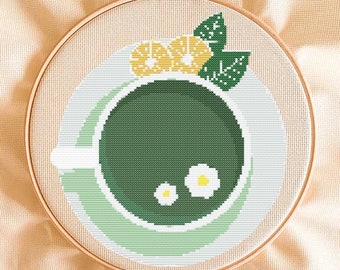 Patrón de punto de cruz de té verde: Diseño fácil para principiantes (Descarga digital)