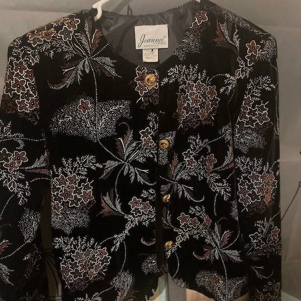 Vintage 1980s Velvet Floral Brocade Button Up Dressy Jacket/Top