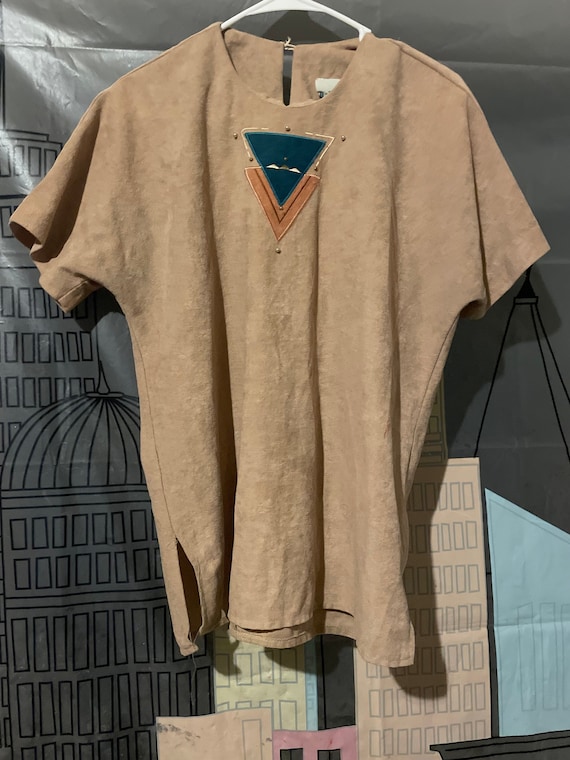 Vintage 90s Southwestern Tribal Faux Suede Beige T