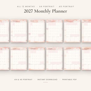 Pink Water Color 2027 Monthly Calendar Planner 2027 Calendar Printable PDF, Monthly Planner Calendar Inserts, 2027 Calendar Bundle