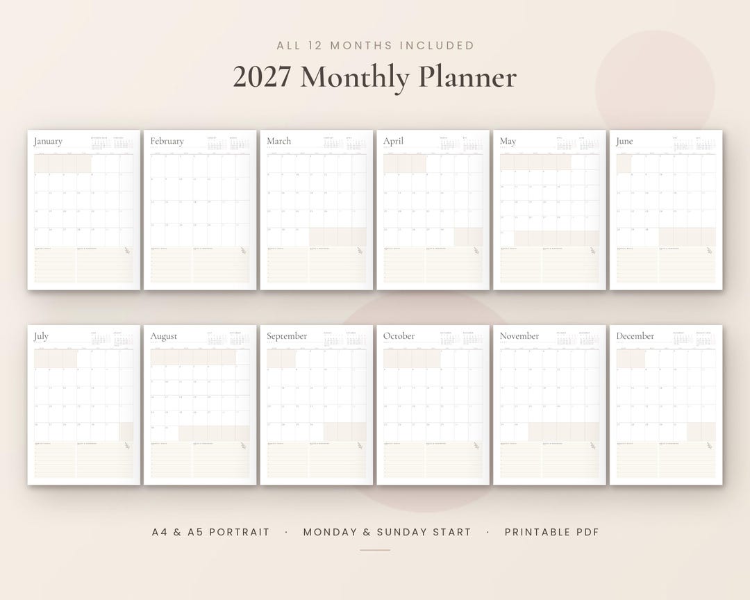 2027 Monthly Calendar Minimalist 2027 Calendar Printable PDF Monthly