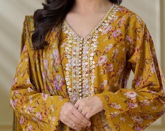 2 piece Mustard color- embroidered lawn original aghanoor suit ready to wear