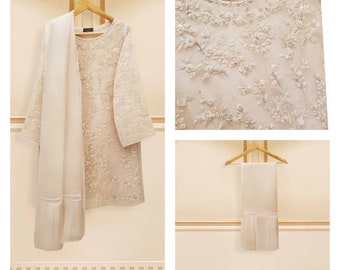 3 piece original aghanoor organza embroidered shirt with raw silk pant and organza dupatta