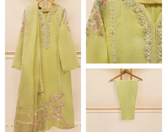 3 pieceAgha noor original heavily embroidered organza shirt and embroidered organza dupatta and raw silk pant