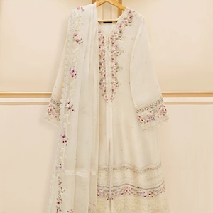 3 piece original aghanoor cotton net heavily embroidered shirt with pant and organza dupatta