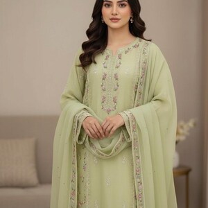 3 piece original aghanoor cotton net shirt with organza dupatta and pant