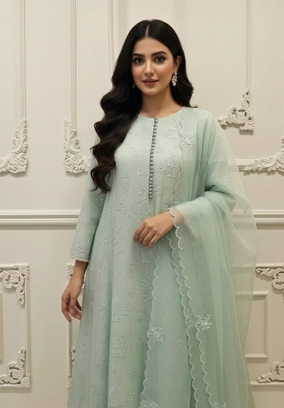 agha noor green dress 3 Piece Mint Size Medium Noor- Cotton Net Frock Suit 30CM2025DRESS