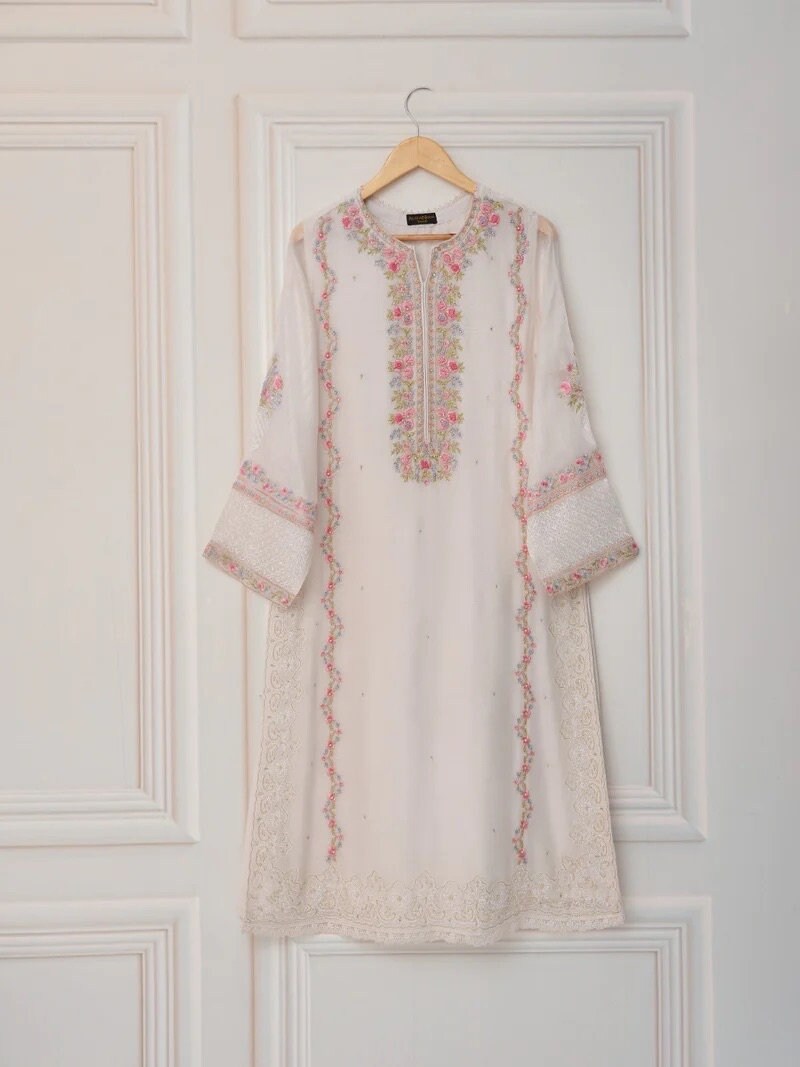 2 piece hand embroidered cotton net shirt with raw silk pant ready to wear