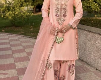3 piece embroidered farshi shalwar silk suit organza dupatta