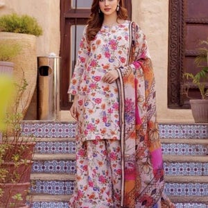 Floral Printed Sharara Suit: Pakistani Lawn 3-Piece