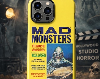 Funda para teléfono de Halloween con diseño de película de terror retro, diseño vintage de monstruo amarillo, funda para teléfono vintage gótica para amantes de las películas de terror del viejo Hollywood.