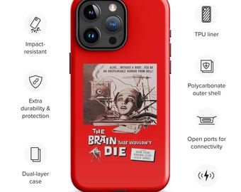 Op de afbeelding: Rode telefoonhoes met een zwart-wit afbeelding van een vintage horrorfilmposter. De poster toont de tekst "The Brain That Wouldn't Die" en een mannenhoofd dat aan draden is bevestigd. De hoes is compatibel met draadloos opladen.
