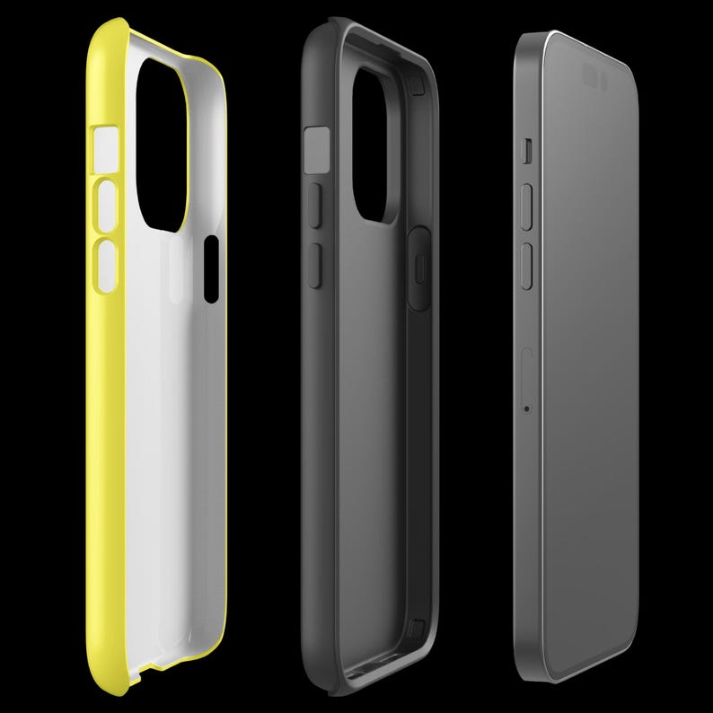 May include: Three phone cases, one yellow, one black, and one gray, are shown from different angles. The cases are designed to fit a smartphone and have cutouts for the camera, buttons, and charging port.