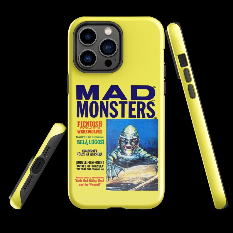 May include: A yellow iPhone case with a vintage magazine cover featuring a monster from a horror movie. The magazine cover reads "Mad Monsters" and features the text "Fiendish Foto Album Werewolves, Master of Horror Bela Lugosi, Hollywood's House of Horrors, Double Film-Fright 'Brides of Dracula' The Thing That Couldn't Die, Little Red Riding Hood and the Werewolf."