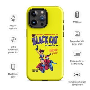 Retro Comic Book Phone Case Vintage Black Cat Super Hero Case For iphone 11 12 13 14 15 16 Yellow Cool Girl Phone Case