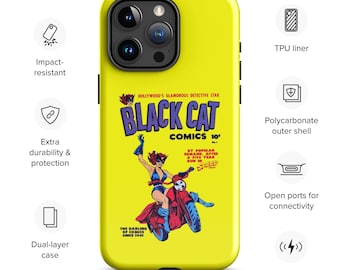 Op de afbeelding: Een gele telefoonhoes met een retro-comicboekomslag waarop een vrouw in een blauw pak op een motor rijdt. De comicboekomslag is voor "Black Cat Comics" en bevat de tekst "Hollywood's Glamorous Detective Star".