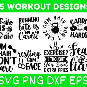 Workout / Fitnessstudio x35 BUNDLE SVG/EPS/Png/Dxf/Jpg/Pdf, Fitness Motivation SVG, Cardio Zitat, Sport Shirt SVG, Fitnessstudio Cricut, Übung kommerzielle Nutzung