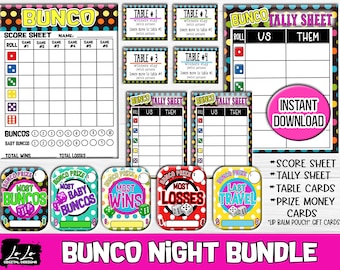 BUNCO NIGHT Printable Game Bundle, Score Sheets, Tally Sheets, Table Cards, Prize Money Cards, Bunco Party, Lip Balm Prize Money Cards