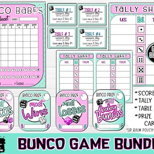 BUNCO BABES Printable Game Bundle, Score Sheets, Tally Sheets, Table Cards, Prize Money Cards, Bunco Party, Lip Balm Prize Money Cards, PNG