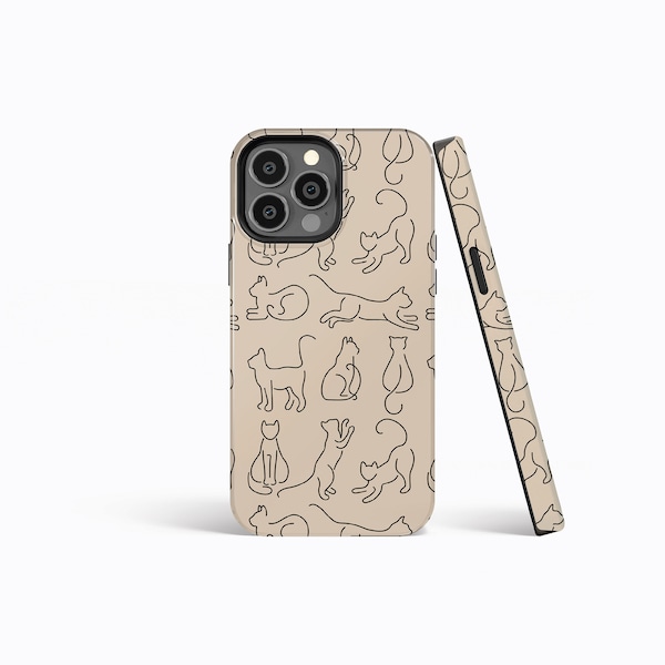 CUTE CAT POSES Beige Line Art Phone Case | iPhone 15/14/13/12/11 Pro Max MagSafe | Galaxy S24/S23/S22/S21 Ultra | Pixel 6/7 Pro | Slim Tough