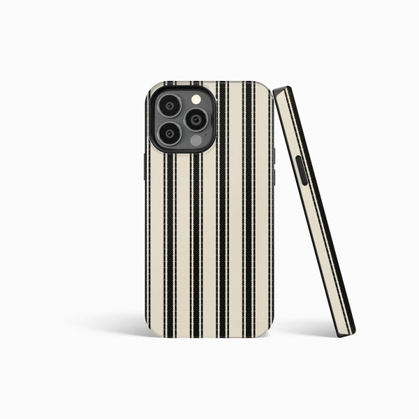 BLACK BEIGE FABRIC Effect Striped Phone Case | iPhone 15/14/13/12/11 Pro Max MagSafe | Galaxy S23/S22Ultra | Google Pixel 7/8 | Slim Tough