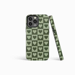 GREEN HEARTS Checkered Valentine Phone Case | iPhone 16/15/14/13/12 Pro Max MagSafe | Galaxy S24/S23/S22 Ultra | Pixel 7/8/9 | Slim Tough
