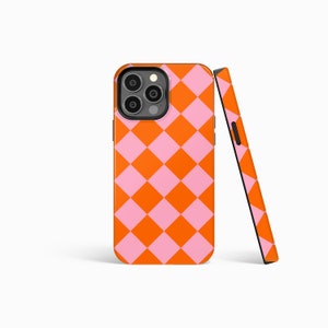 ORANGE PINK DIAMOND Checkered Matte Phone Case | iPhone 15/14/13/12/11 Pro Plus Max Xs MagSafe | Galaxy S23/S22/S21 Plus Ultra | Slim Tough