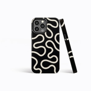 WAVY LINES BLACK Abstract Pattern Protective Phone Case for iPhone 14 13 12 11 Xs Xr MagSafe & Galaxy S22 S21 S20 Plus Ultra -Slim Tough
