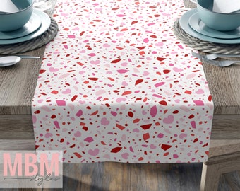 Heart Terrazzo Table Runner, Pink & Red Heart Tabletop Decor, Valentine's Day Table Linen, Seasonal Table Runner