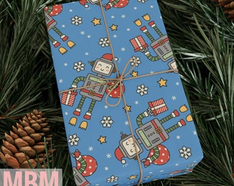 Robot Santa on Blue Wrapping Paper, Unique Cute Kids Holiday Gift Wrap, Christmas Wrapping Paper for Robotics Lovers