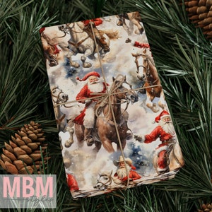 Cowboy Santas Small Scale Wrapping Paper, Western Christmas Gift Wrap, Unique Horse Christmas Wrapping Paper