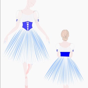 May include: A white and blue ballet tutu with a blue ribbon sash. The tutu has a layered skirt with a white bodice and puffed sleeves. The ballerina is wearing pink ballet shoes.